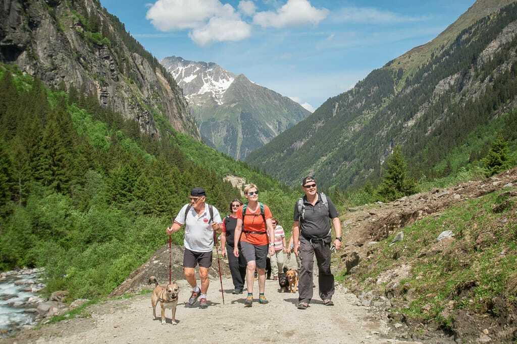 Personen gehen mit Hund wandern, Gartenhotel Magdalena