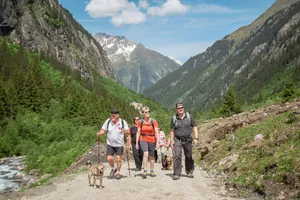 Personen gehen mit Hund wandern_GartenhotelMagdalena_RiedImZillertal