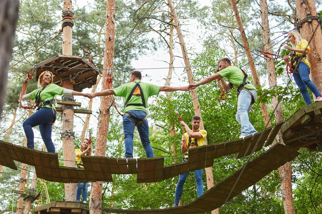 Gruppe beim Klettern im Hochseilgarten als Teambuilding Aktivit&auml;t
