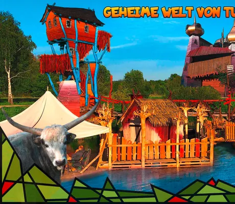 Collage mit Floß und Tieren_1.Deutsches_Baumhaushotel_Neisseaue