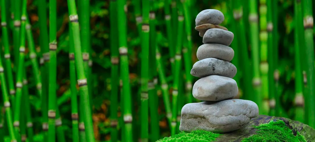 Symbolbild Wellnessurlaub: gestapelte Steine in einem Garten