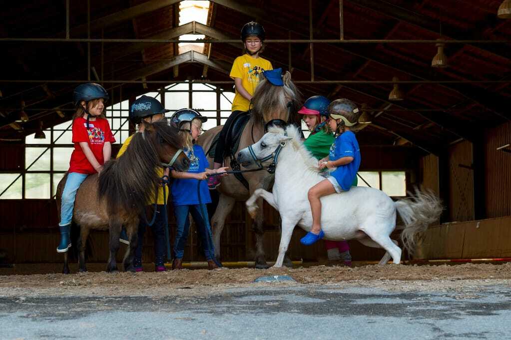 Kinder sitzen auf Ponys im Stall