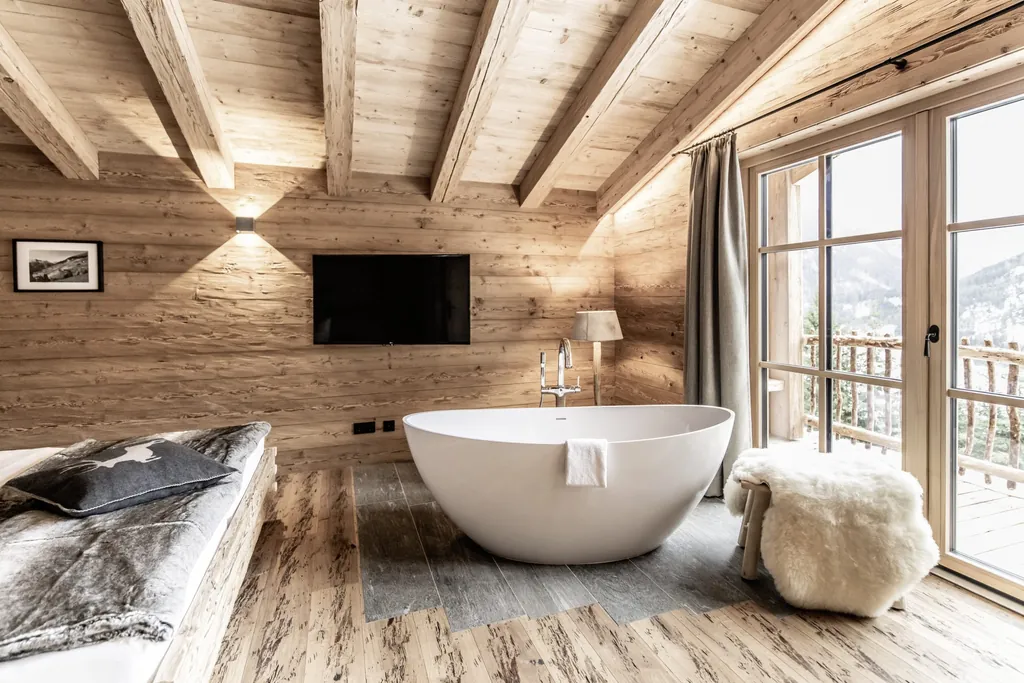 Ein Zimmer mit freistehender Badewannd in einem Chalet im Benglerwald - Berg Chaletdorf in Österreich