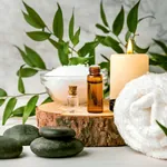 Weißer Holztisch mit diversen Gegenständen für Wellnessbehandlungen