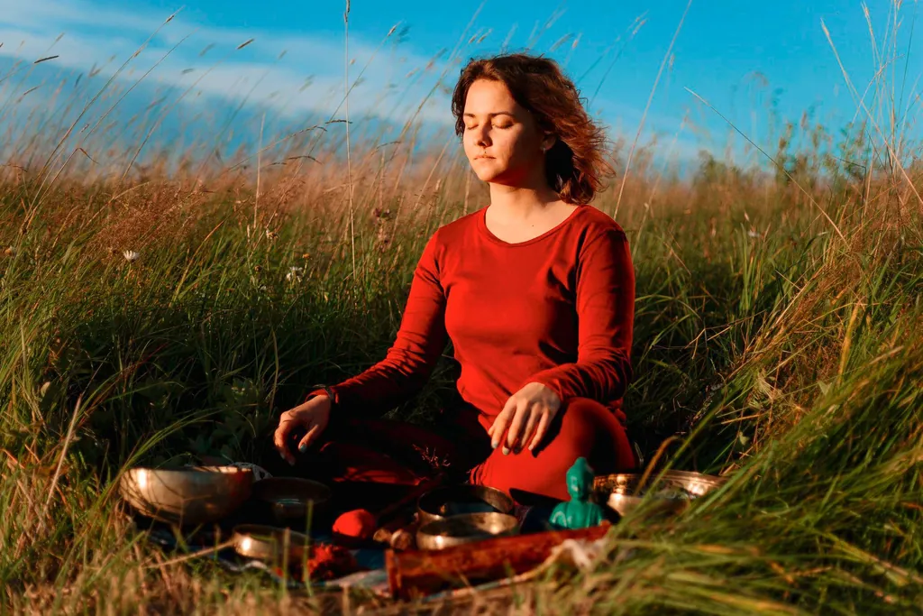 Junge Frau in roter Kleidung sitzt im Gras und meditiert