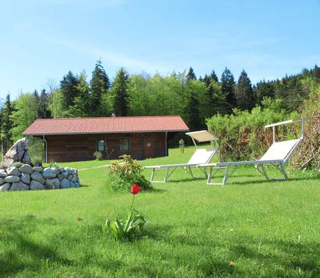 zwei Liegen im Garten mit Steinbrunnen