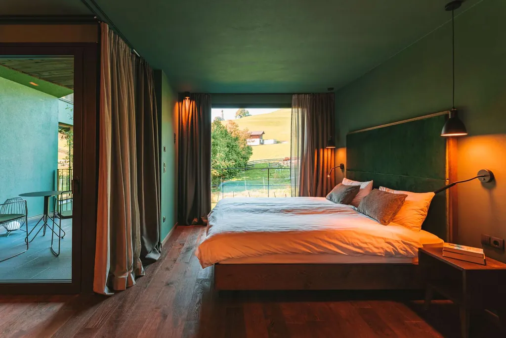 riesiges Doppelbett im grünen Schlafzimmer mit Blick auf Wiese durch das Fenster