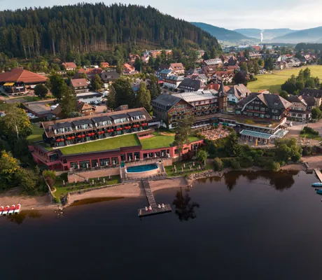 Hotelanlage von oben direkt am See