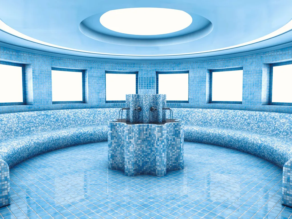 Innenansicht eines Laconium, welches komplett mit Mosaikfliesen verkleidet ist