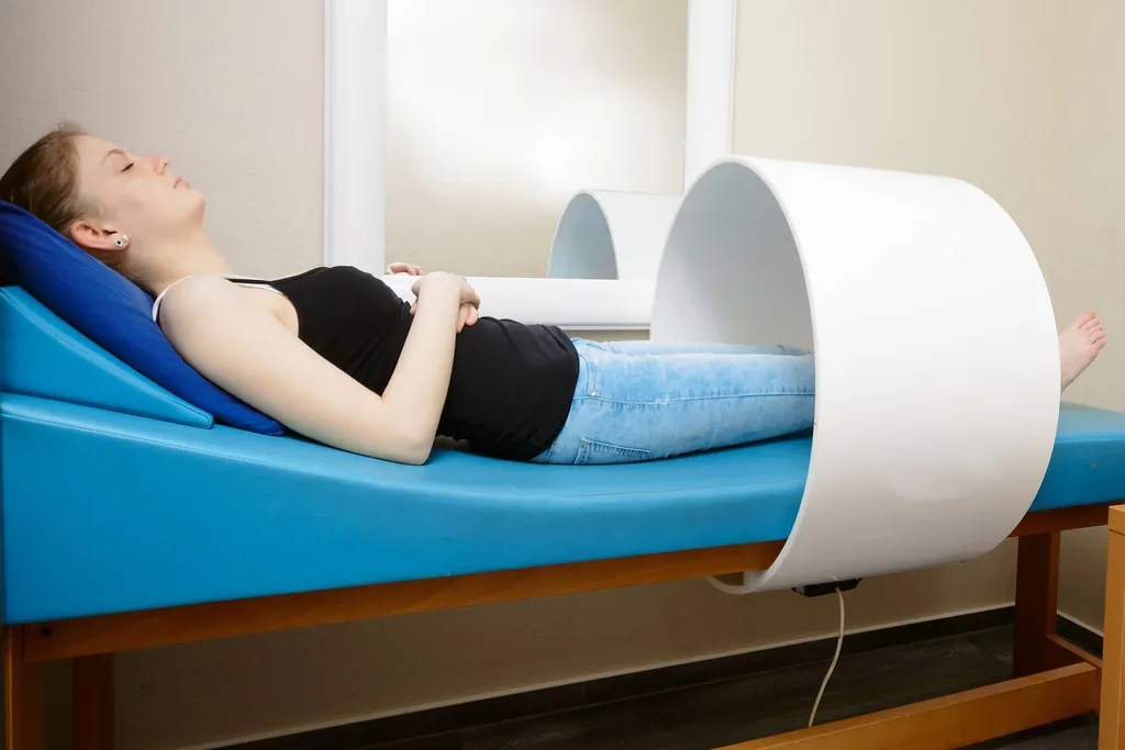 Frau liegt auf einer Liege und wird einer Magnetfeld-Therapie unterzogen