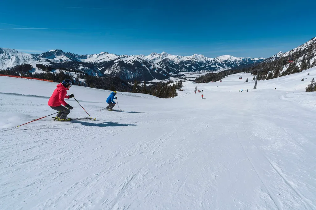 Zwei Skifahrer bei der Abfahrt im Tannheimer Tal in &Ouml;sterreich