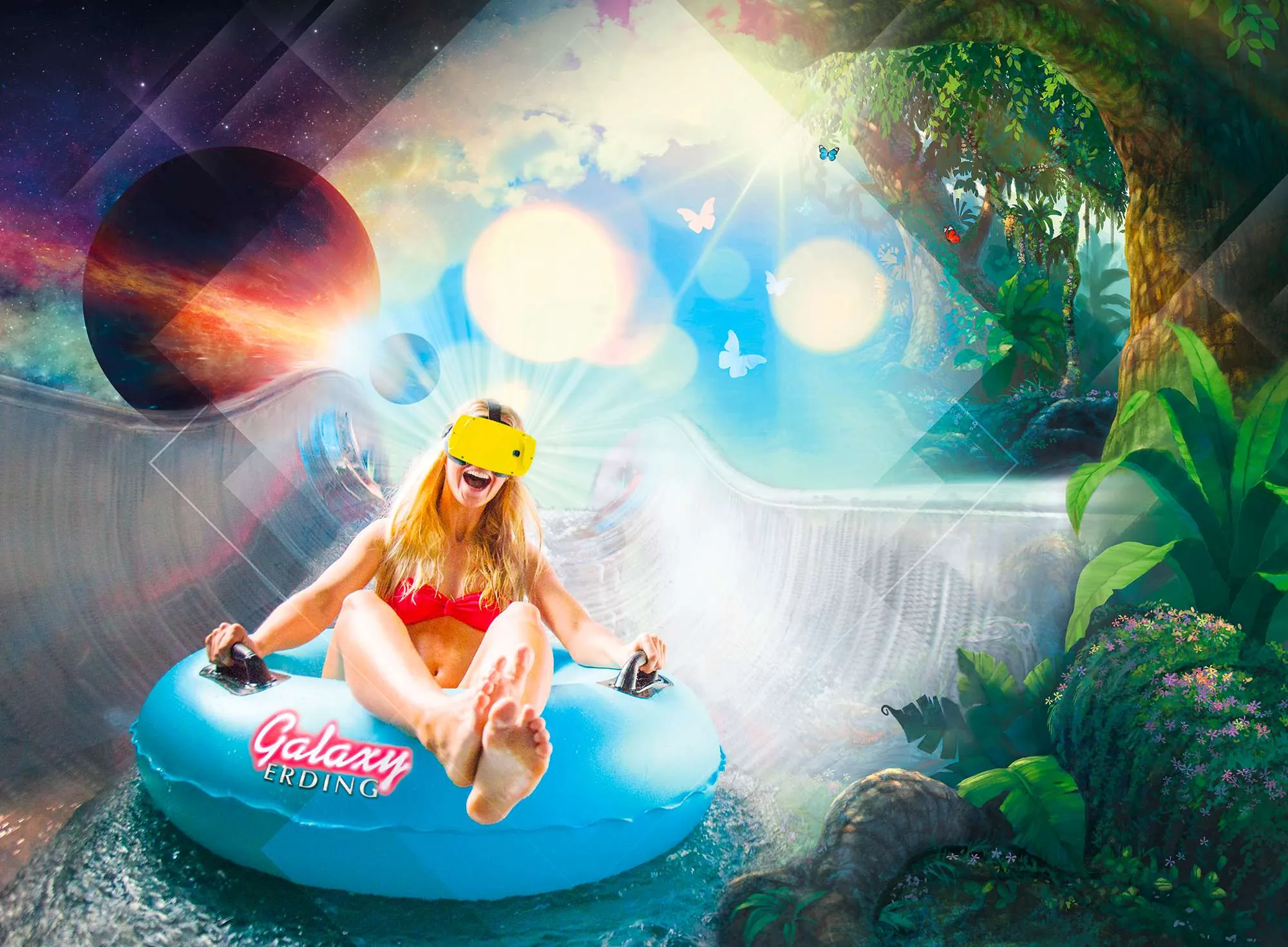 Frau rutscht auf Reifen mit VR Brille auf dem Kopf