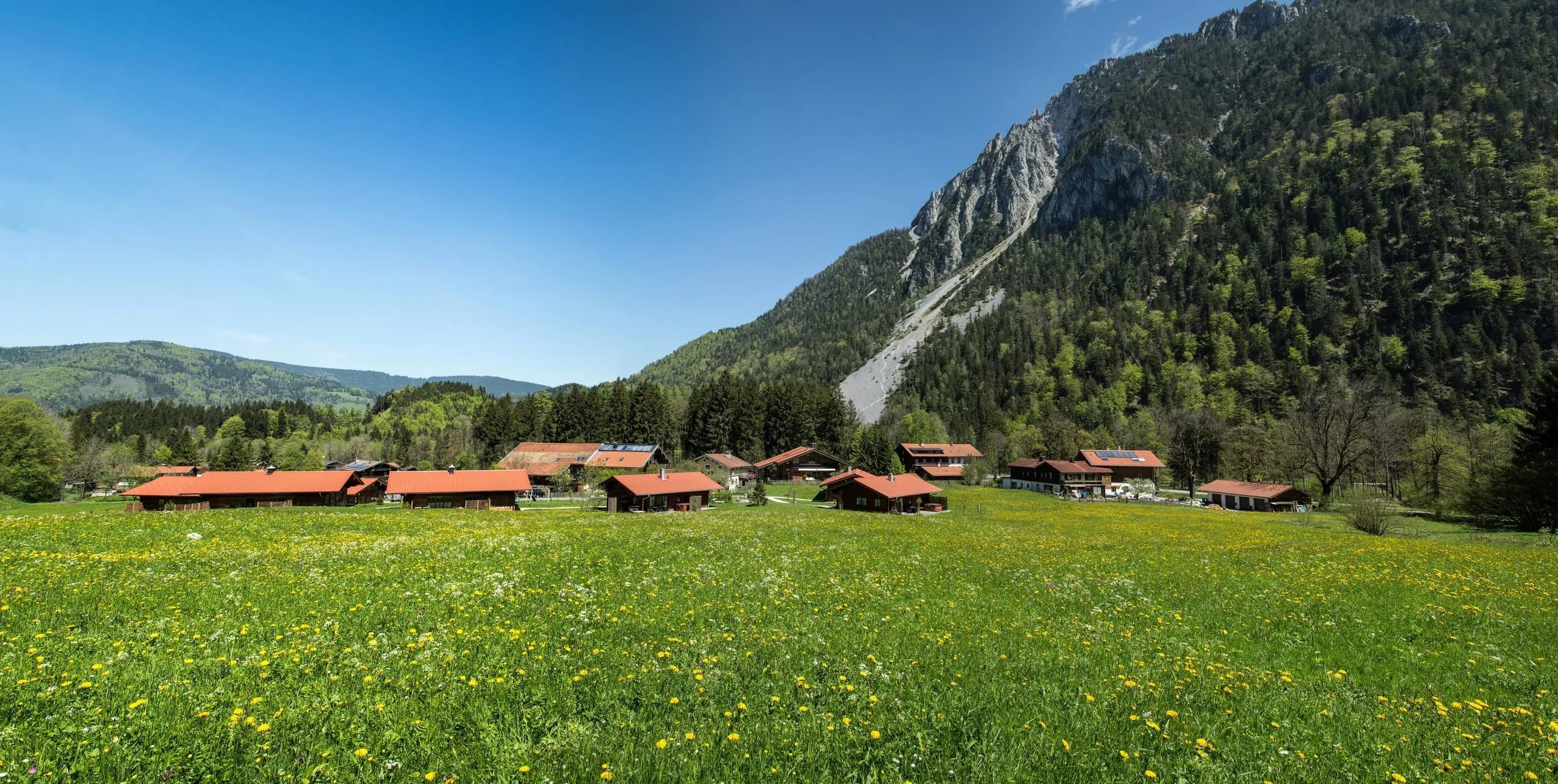 Blick auf das bayerische Chaletdorf Beim Waicher im Sommer