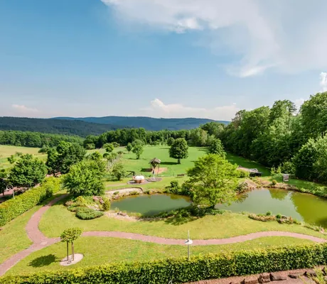 Blick von oben auf Naturbadeteich im Park des Landhotel Heimathenhof