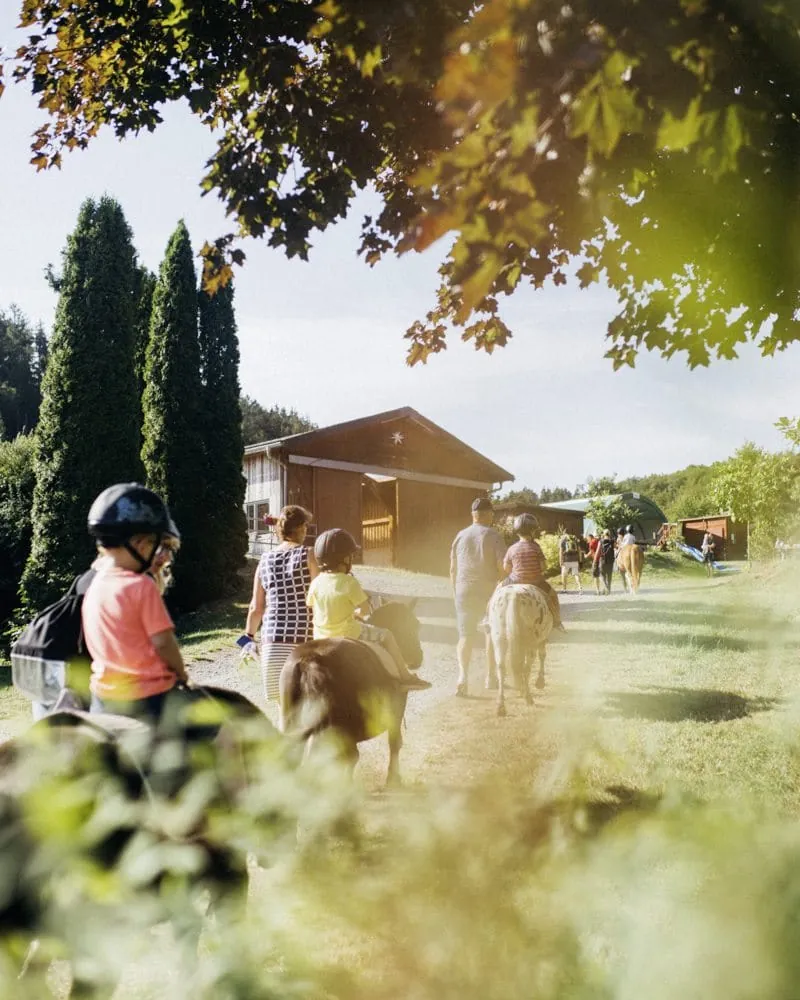 Gruppe von Kindern beim geführten Ponyreiten auf der Anlage des Familotel Ottonenhof