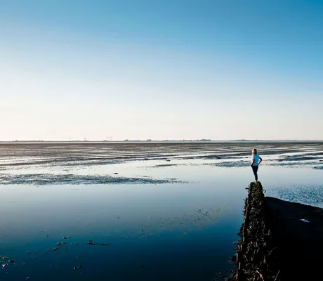 Frau steht auf Felsen und blickt auf das riesige Wattenmeer im Lundenbergsand