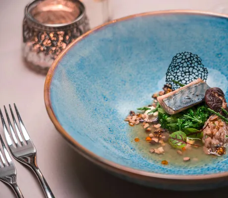 Fischgericht auf türkisfarbenem Teller im Parkhotel Adler