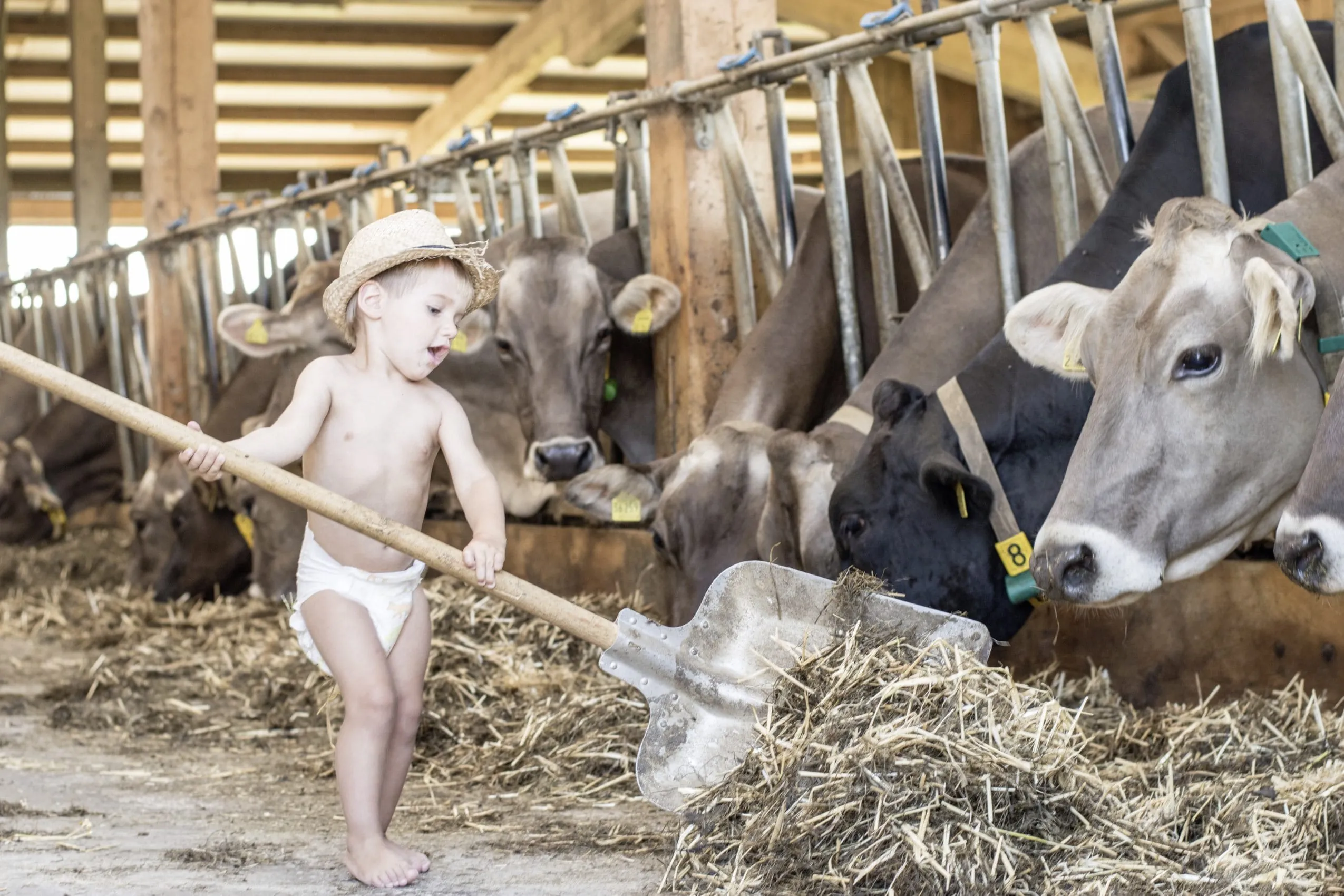 kleiner Junge mit Windel und Hut mistet Stall aus im Baumhaushotel Allg&auml;u