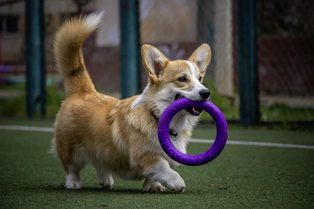 Corgie trägt Gummiring beim Dummysport-Hundetraining im Hotel