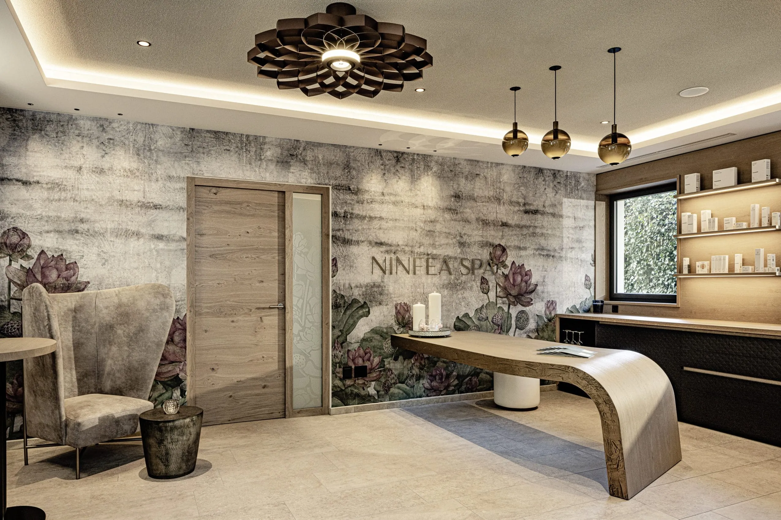 Beautybereich mit abgerundeter Holztheke im Wellnesshotel in Südtirol