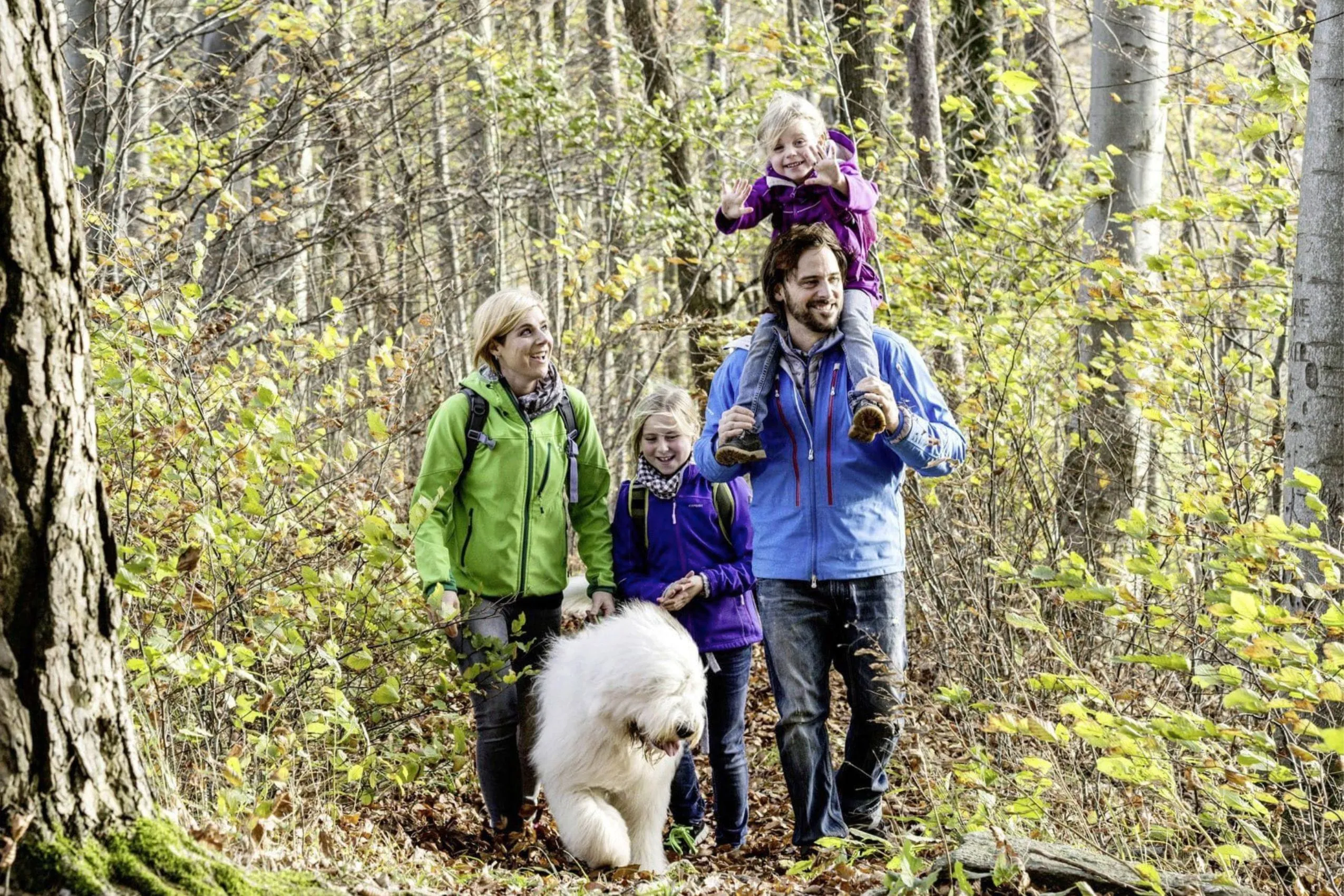 Familie mit Hund bei einem Waldspaziergang
