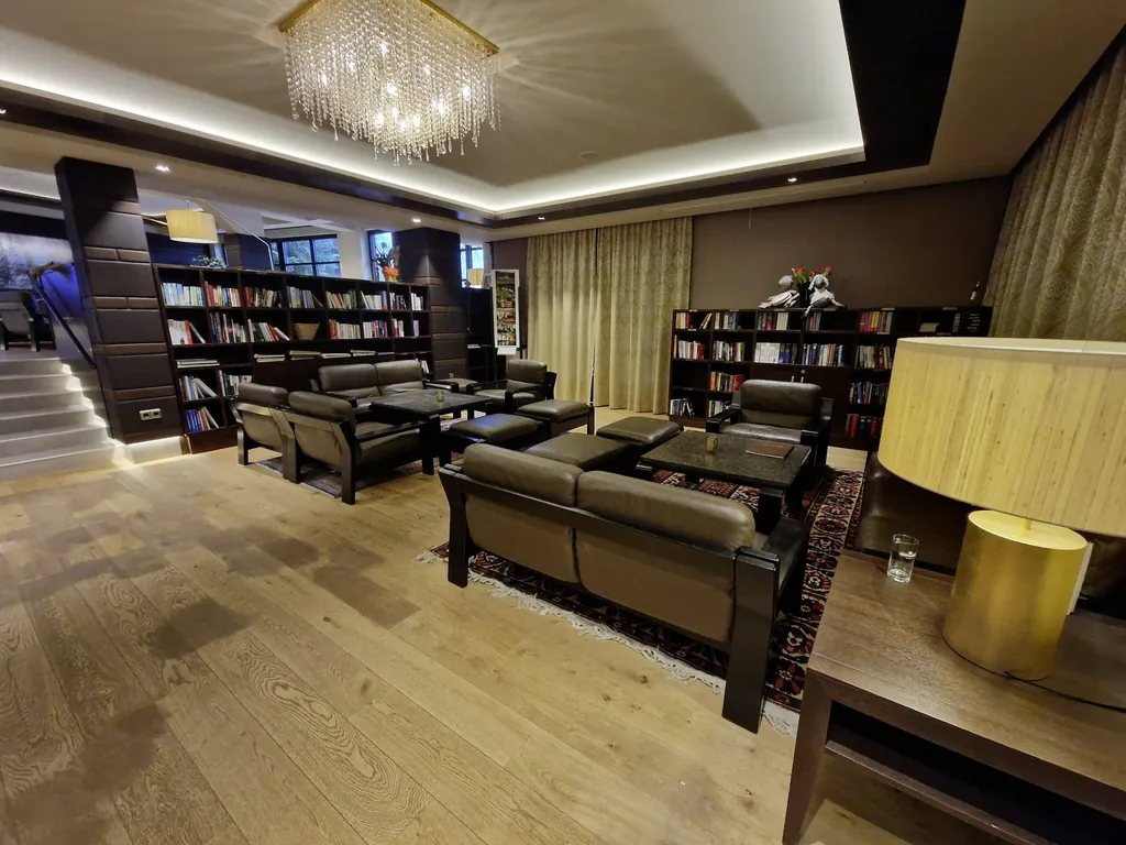 Bibliothek mit dunklelbrauner Lederbestuhlung im Hotel Sonngastein