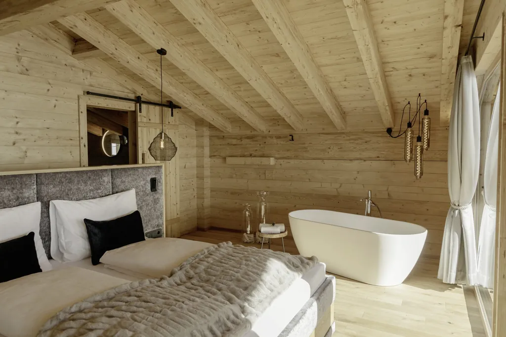 Chalet-Innenraum mit Doppelbett und freistehender Badewanne der Hygna Chalets