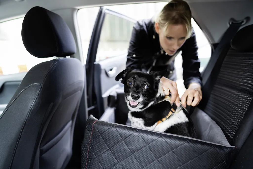 Junge Frau schnallt kleinen Hund im Auto mit Sicherheitsgurt an