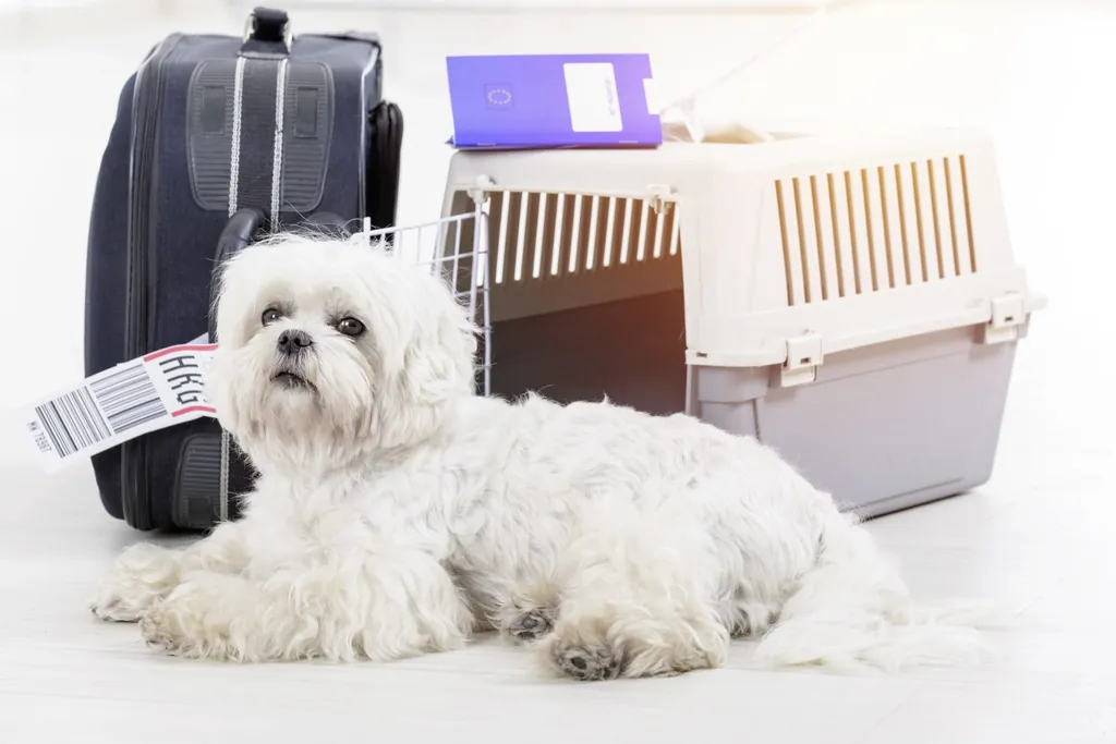 Kleiner weißer Hund wartet am Flughafen vor Transportbox