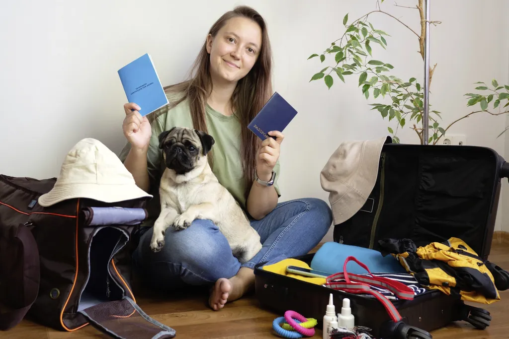Junge Frau packt für sich und ihren kleinen Mops die Koffer für den Urlaub