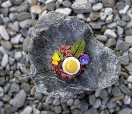 Kunstvoll angerichtetes Gericht auf einem Stein