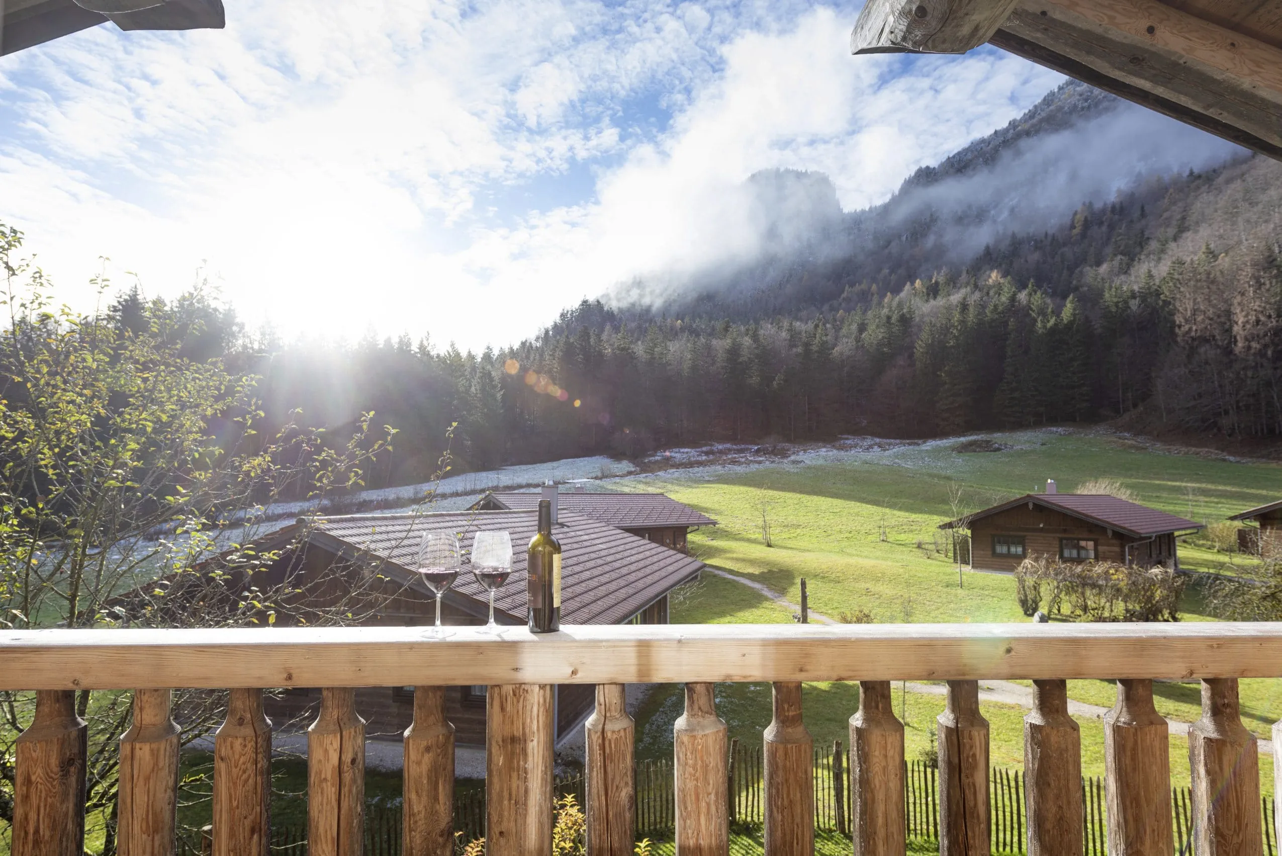 Blick vom Balkon des Naturstammhaus Richtung Wald