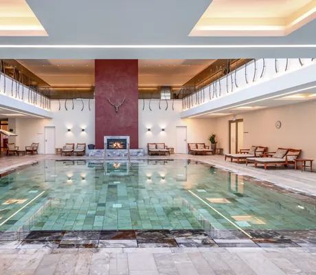 Beleuchteter Indoor-Pool mit Liegen und Kamin im Hundehotel Wald- & Schlosshotel Friedrichsruhe