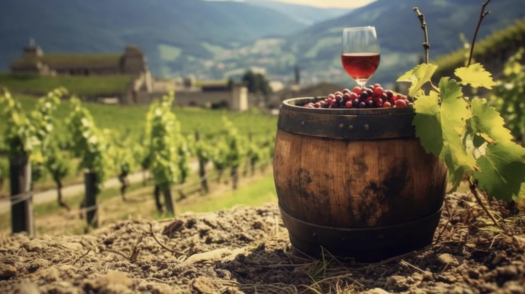 auf einem Weinfass steht ein Glas Rotwein vor Weinstöcken und Südtiroler Landschaft