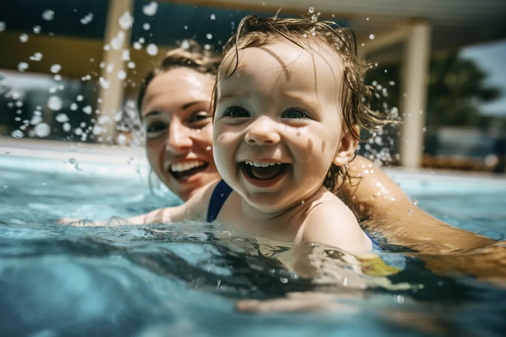 Mutter und Baby im Pool beim Babyschwimmen lachen in die Kamera