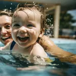 Mutter und Baby im Pool beim Babyschwimmen lachen in die Kamera