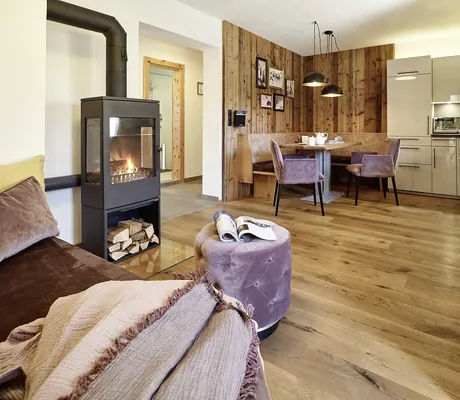 Modernes Premium Apartment Sonnenhang mit Küche, Essecke, Sofa und Ofen mit farblichen Akzenten