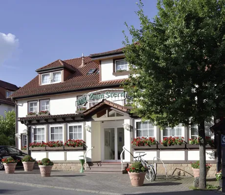 Aussenansicht des Parkhotel zum Stern mit rotem Ziegeldach, Sprossenfenstern, roten Geranien und Hausbaum