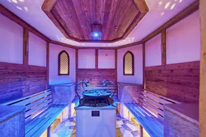 pink beleuchtete Sauna mit Saunaofen in der Mitte mit vier Wasserhähnen im Heselbacher Hof