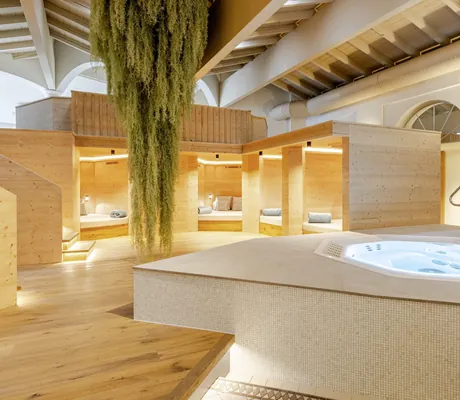große Hängepflanze im Raum mit Ruhekabinen aus Holz und Wirlpool