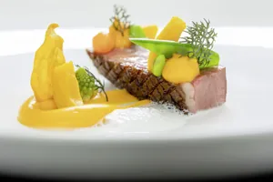 Gericht mit gebratener Ente auf weißem Teller