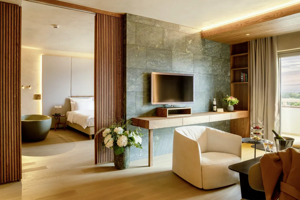 Suite im Reiters Supreme 5* Hotel mit grüner freistehender Badewanne und Granitwand