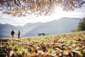 Pärchen wandert durch den herbstlichen Wald vor den Südtiroler Bergen