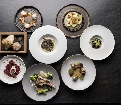 verschiedene Gerichte auf verschiedenen Tellern von oben gesehen im La Maiena Meran Resort