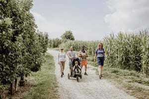 Familie mit Kinderwagen auf dem Erlebnis-Apfelweg des Mühlwald in Natz-Schabs