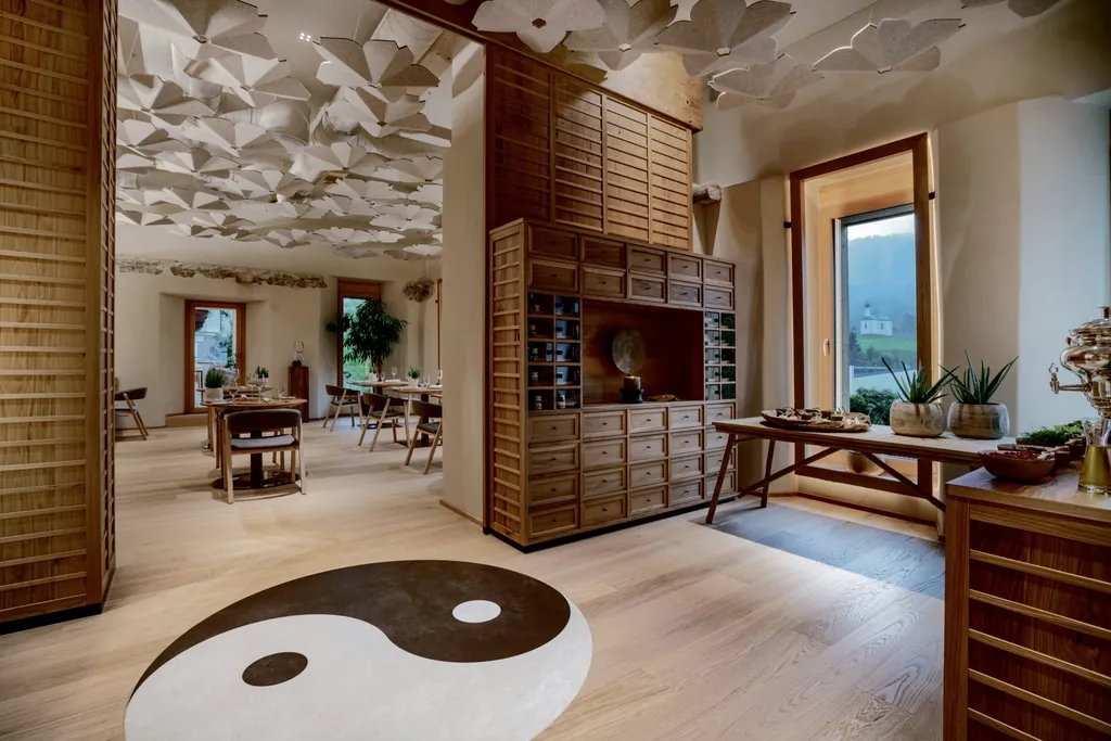 Blick in das Restaurant Tenzo im Posthotel Achenkirch mit großen Yin-Yang-Logo auf dem Boden