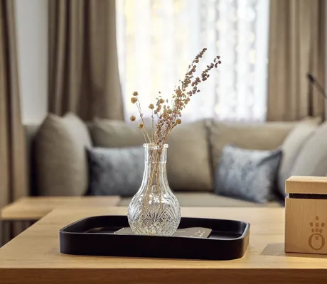 getrocknete Blumen in Glasvase auf dem Couchtisch vor beigem Sofa im Hotel die HOCHKÖNIGIN