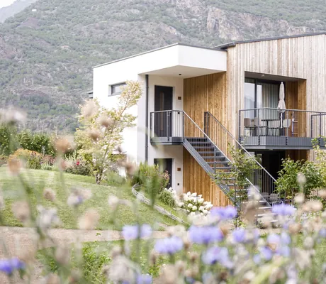 Außenansicht auf das moderne Loft-Haus mit einzelnen Chalet-Wohnungen