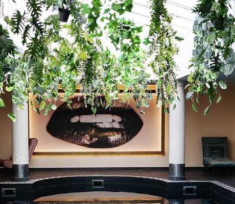 Indoorpool im Lechlife Travelhouse mit von der Decke hängenden Grünpflanzen und modernen Fotografien an den Wänden