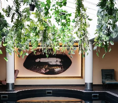 Indoorpool im Lechlife Travelhouse mit von der Decke hängenden Grünpflanzen und modernen Fotografien an den Wänden